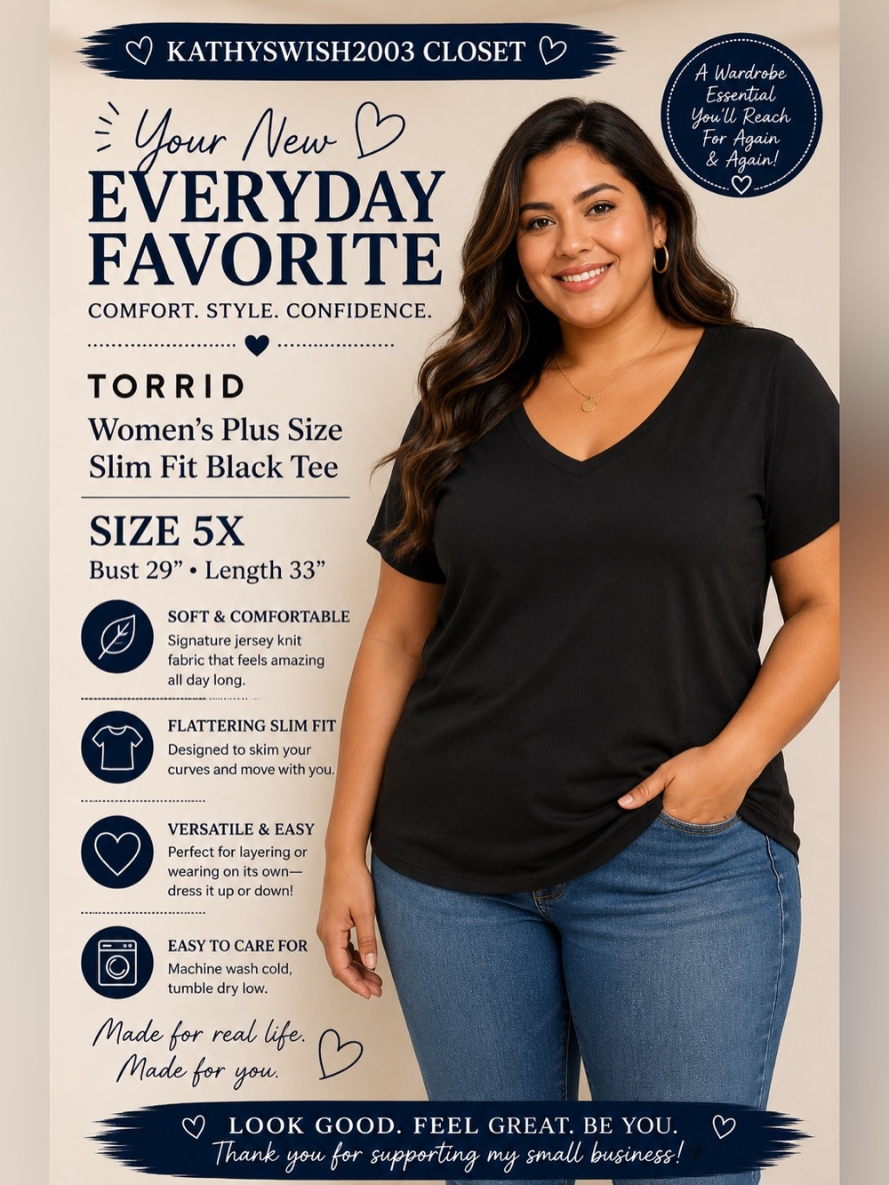 Torrid Women’s Plus Size Slim Fit Black Tee 5X Bust 29” Length 33”